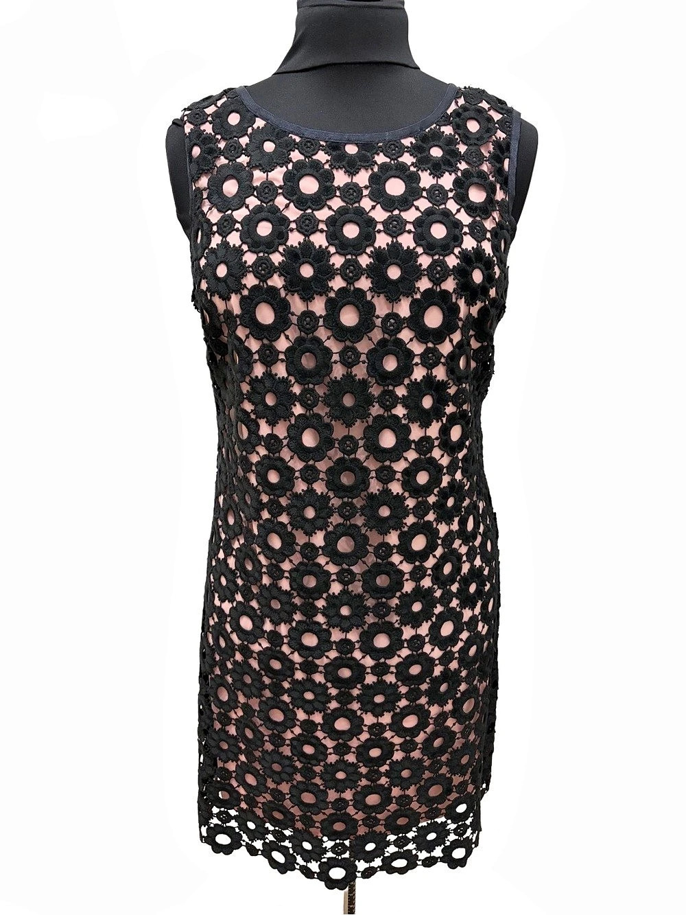 À-TOUT-ÂGE Black Floral Crochet Shift Dress Pink Lining Size 10